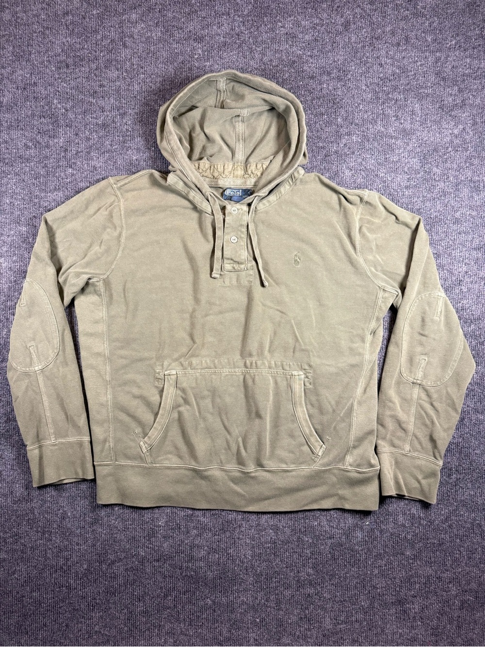 90’s Polo Ralph Lauren Henley Hoodie Pullover Sweatshirt Size XL Elbow Pad